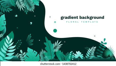 Trendy gradient tropical horizontal background. Сolored tropical lush vegetation with jungle foliage, exotic leaves. Modern natural botanical vector template with place for text