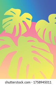 Trendy Farbverlauf-tropischer vertikaler Hintergrund. Moderne, farbige tropische Vegetation mit Dschungelblättern, exotischen Blättern und Sonnenuntergang. Trendfarbene Neonfarben-Gestaltung, Flyer, Banner, Plakat.