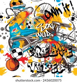 Trendy graffiti style motivational sports seamless pattern with motivation slogans. Stay wild. Create vibes. Own it. Dirty doodle hand drawn sports boys background with bike, balls, splashes, phrases.