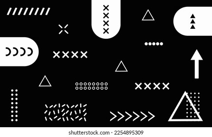  Trendy grafische Elemente für Ihr einzigartiges Design. Geometrischer Memphis. Einzeln auf schwarzem Hintergrund.  Minimale Stilformen, Banner in Vektorgrafik.