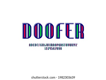Trendy graphic font, multi colored alphabet, modern uppercase letters from A to Z and numbers from 0 to 9 for you designs, vector illustration 10EPS