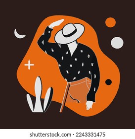 Trendy graphic illustration of a male dressed in white hat and black shirt on orange.  A creative illustration.