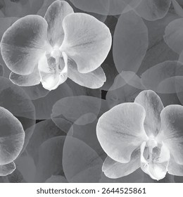 Patrón de Vector sin fisuras de orquídea de escala de grises de moda. Todo sobre la idea de patrón floral para el fondo, la materia textil, la decoración del hogar, la Plantilla, el Anuncio, el negocio, la alfombra y las alfombras. Ilustración vectorial.