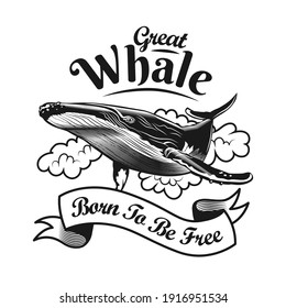 Trendy great whale emblem. Black and white design elements with whale in clouds and text. Nature or wildlife concept for travel agency stamp, label, sign template