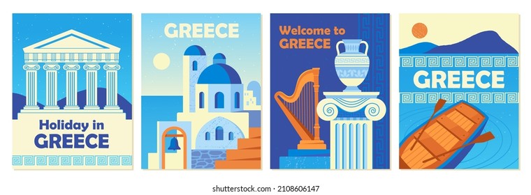 Trendy Greek poster set. Banners with columns, antique buildings, temples and vintage jugs. Design elements for advertising tourist tours. Cartoon flat vector collection isolated on white background svg