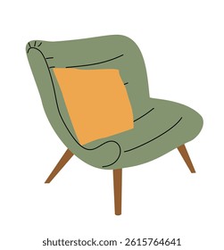 Trendy green armchair in mid century modern retro style. Vintage soft chair with cushion. Flat vector illustration isolated on white background