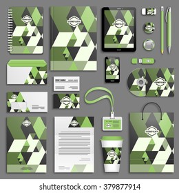 Trendy green, bamboo, ivory Corporate identity template set. Business stationery mock-up with logo. Branding design. Colorful geometric background.