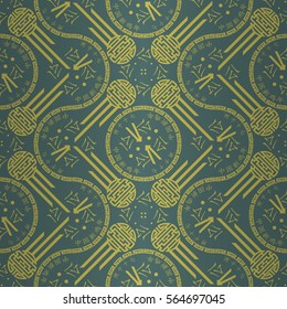 Trendy green decorative seamless pattern in traditional chinese style. Flat tessellated repeatable backdrop. Hieroglyph translation: Chinese New Year of the Rooster 2017