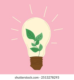 Trendy green energy illustration with light bulb and green sprout inside on pink background. Gy green lamp in ecology friendly concept. For posters, eco banners, eco design.