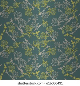 Trendy green geometric seamless pattern in chinese floral style. Shining, symmetric design for packing-paper, curtain, banner or other purpose. Vector background.