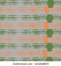 Trendy.  Green and orange paintbrush lines horizontal seamless texture for backdrop. Hand drown paint strokes design. For cloth.