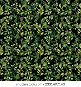 Trendy Green seamless botanical textile print. Various shades of green are nuanced in one design. Elements of leaves, stems, flowers. Soft textures, touches.The trend of sustainability 