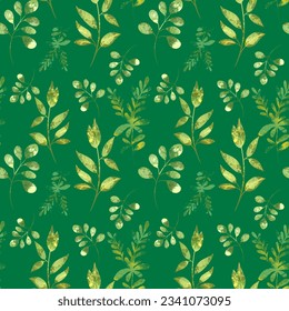 Trendy Green seamless botanical textile print. Various shades of green are nuanced in one design. Elements of leaves, stems, flowers. Soft textures, touches.The trend of sustainability 