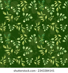 Trendy Green seamless botanical textile print. Various shades of green are nuanced in one design. Elements of leaves, stems, flowers. Soft textures, touches.The trend of sustainability 
