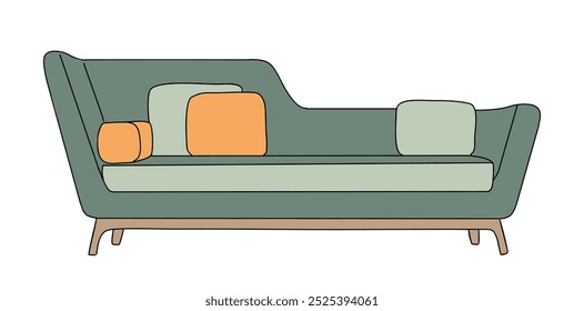 Trendy green sofa, couch with orange cushions