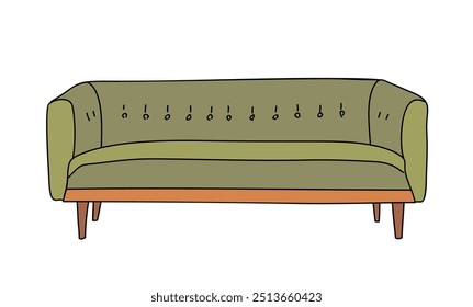 Trendy green sofa in retro Mid Century Modern style. Scandinavian living room furniture element. Flat vector hand drawn outline colored illustration isolated on white background.