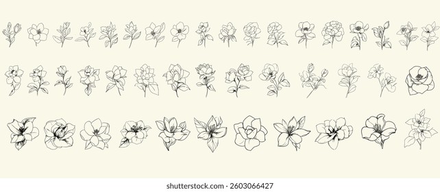 Trendy greenery set for luxury branding, minimalist black line art of gardenias for wedding invitations, hand drawn wedding herbs, feminine botanical floral branch decor.
