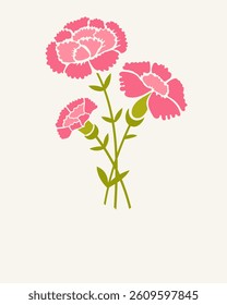 Trendy greeting card with pink carnation flowers with copy space