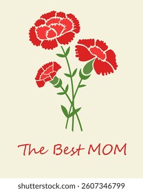 Trendy greeting card with red carnation flowers for Mothers Day holiday