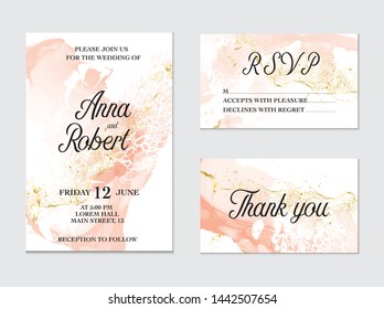 Trendy greeting card set with watercolor liquid flow. Tender ink art with gold glitter splashes. Beauty salon card, wedding invitation, vector. 