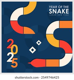 Trendy greeting card with vibrant illustration for 2025 Year of the Snake with coiled geometric snake in red, yellow and white on a blue background with circles, stars. Modern poster with bold design