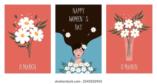 Trendy greeting cards for Happy Women`s Day set. International Women's Day festive posters. Vector illustration