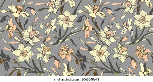 Trendy grey seamless pattern with calm hand drawn flowers narcissus, daffodils. Realistic elements on light background. Design for textile, fabric, wallpaper, packaging. Vector Illustration