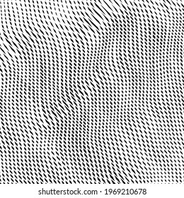 Trendy grid monochrome texture from wavy cross lines. Wavy reticulated effect texture. Abstract striped diagonal gradient pattern with linear moire optical illusion. Vector background