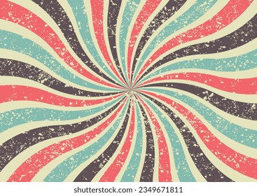 Trendy groovy 70s grunge background with  groovy swirl twisted sunburst. Vector illustration in retro psychedelic style.