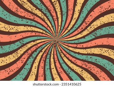 Trendy groovy 70s grunge background with  groovy swirl twisted sunburst. Vector illustration in retro psychedelic style.