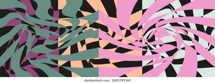 Trendy groovy background and Checkered poster. Distorted and twisted pattern. Psychedelic vibes in Retro hippie 60's style. Vector illustration.