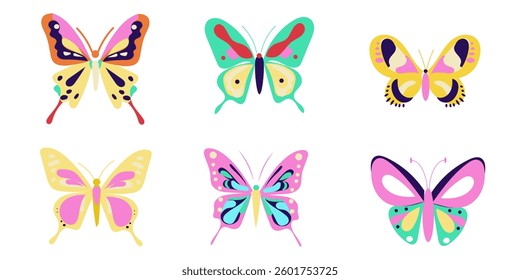 Trendy groovy butterfly set isolated, bright color, for stickers, element design