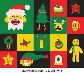 Trendy groovy Christmas cards. Collection of Christmas decorations, holiday gifts, cats, trees and gifts. Vector illustration, sticker collection design and element for Christmas and New Year.