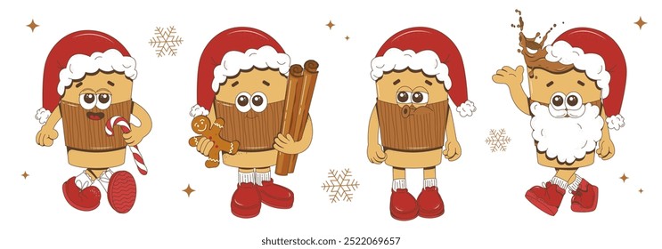 Trendy groovy Christmas coffee characters in retro style. Different coffee cup poses.Merry Christmas and Happy New Year. Vector Illustration.