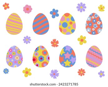 Trendy groovy color Easter Eggs and flower. Set of vector illustrations in pastel color style. Colored Easter eggs. Set of easter eggs flat design on transparent background.