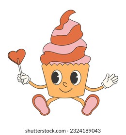 Trendy groovy cupcake sticker. Retro vintage vector sticker with cute and funny character.