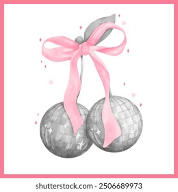 Trendy Groovy Disco Ball Cherries Coquette Watercolor with pink Ribbon bow Retro Style