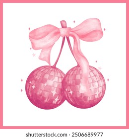 Trendy Groovy Disco Ball Cherries Coquette Watercolor with pink Ribbon Retro Style