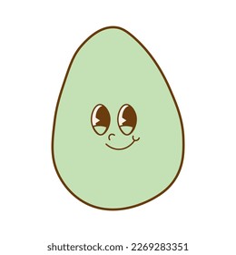 Pegatina de huevo de Pascua de moda. Feliz Día de Pascua. Funky y feliz personaje de huevo al estilo de moda retro de los años 70. Ilustración del vector