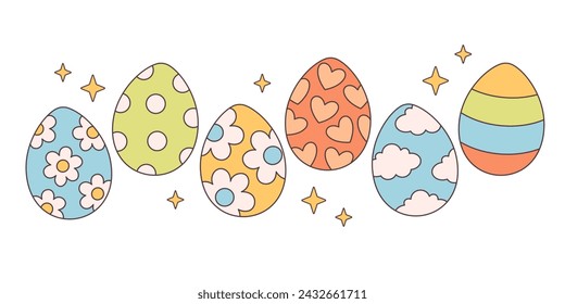 Trendy groovy Easter eggs in retro style. Happy Easter. Vector illustration in flat style