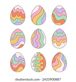 Trendy groovy Easter eggs in retro style. Happy Easter. Vector illustration in flat style