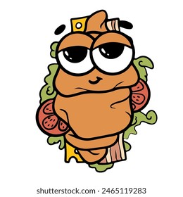 Trendy groovy fast food croissant sticker. Retro groovy cartoon character.
