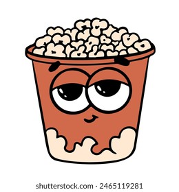Trendy groovy fast food popcorn sticker. Retro groovy cartoon character.