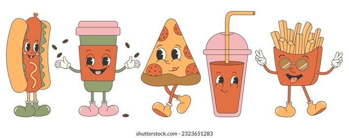 Trendy groovy fast food sticker set. Retro vintage vector set with cute and funny characters. Hot dog, coffee, soda, french fries, pizza.
