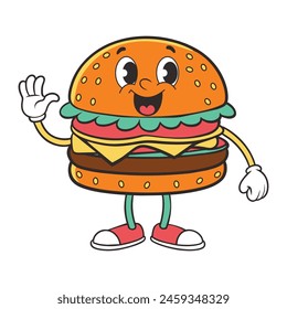 Trendy groovy fast food sticker set. Cheerful hamburger character. Vector illustration of fast food.