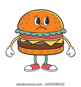 Trendy groovy fast food sticker set. Cheerful hamburger character. Vector illustration of fast food.