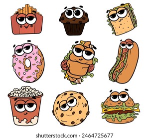 Trendy groovy fast food sticker set. Retro groovy cartoon character. Fast food stickers for restaurant, cafe and delivery.