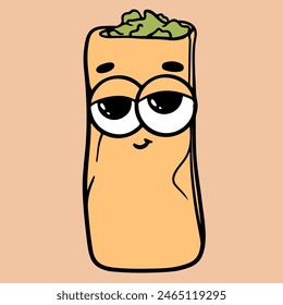 Trendy groovy fast food tacos sticker. Retro groovy cartoon character.