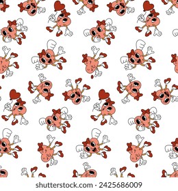 Trendy groovy heart girl pattern. Female character in the shape of a heart in different poses, a retro character. With wings, flowers, balloons. Vector flat for valentine's day Texture for the holiday