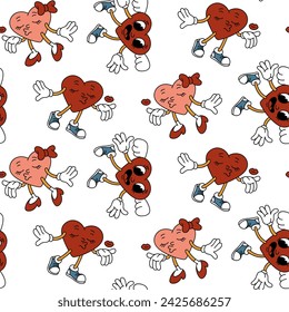 El patrón de corazón de moda es una niña y un niño. Un par de personajes en forma de corazón soplan un beso, el personaje retro Cupido está mirando. Vector plano para el día de San Valentín. Textura para las vacaciones